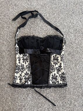 Black & Ivory Printed Bustier Corset Top with Lace Trim